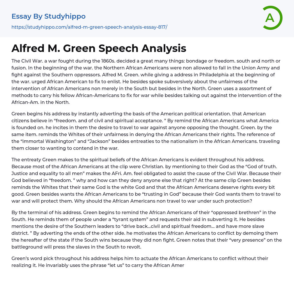 Alfred M. Green Speech Analysis Essay Example