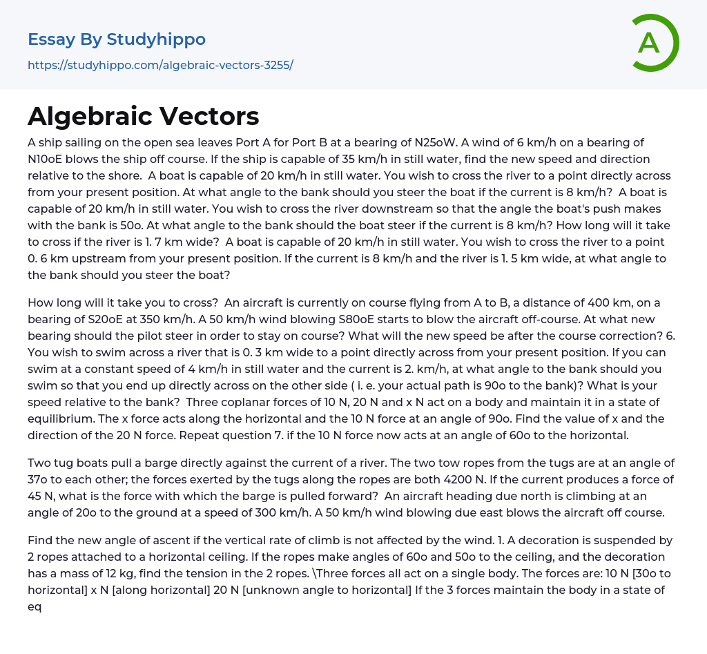 Algebraic Vectors Essay Example