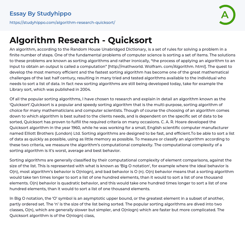 Algorithm Research – Quicksort Essay Example