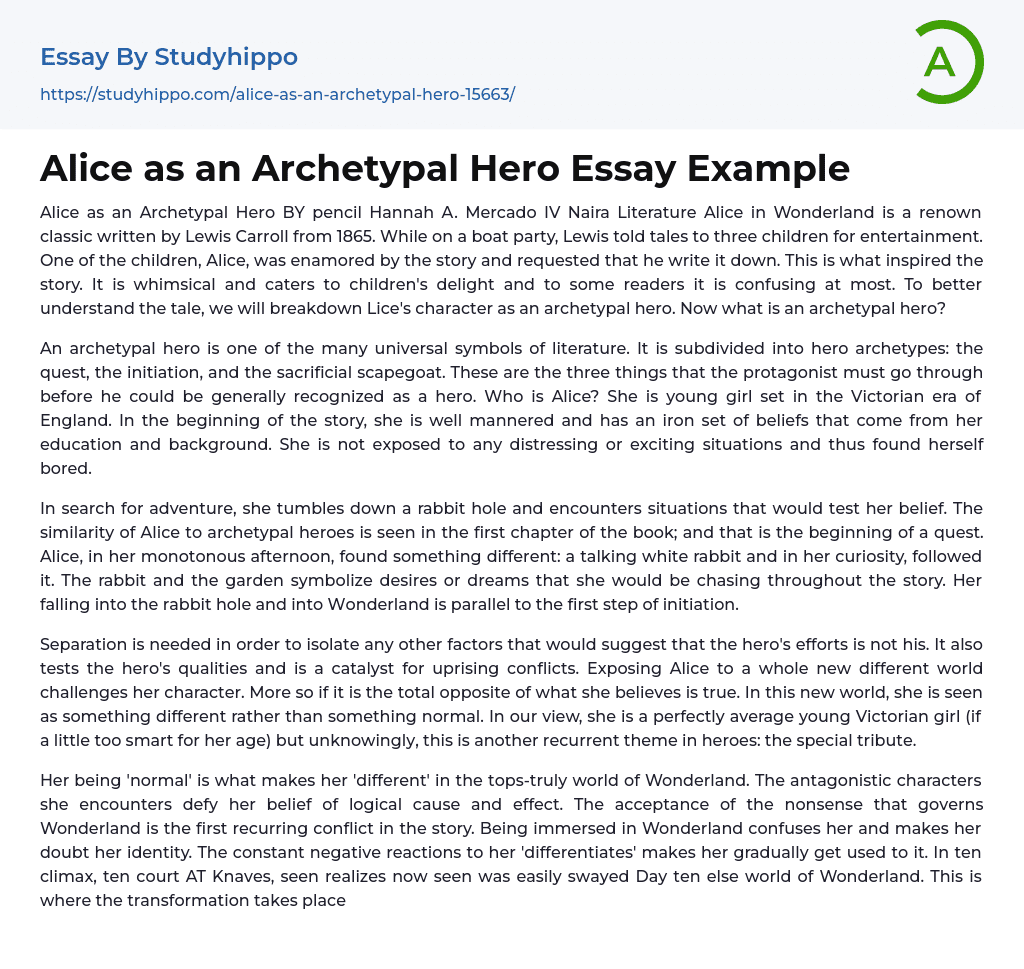 Alice as an Archetypal Hero Essay Example