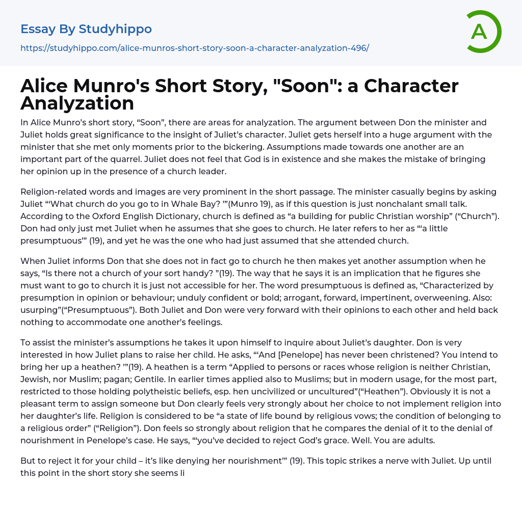 Alice Munro’s Short Story, “Soon”: a Character Analyzation Essay Example