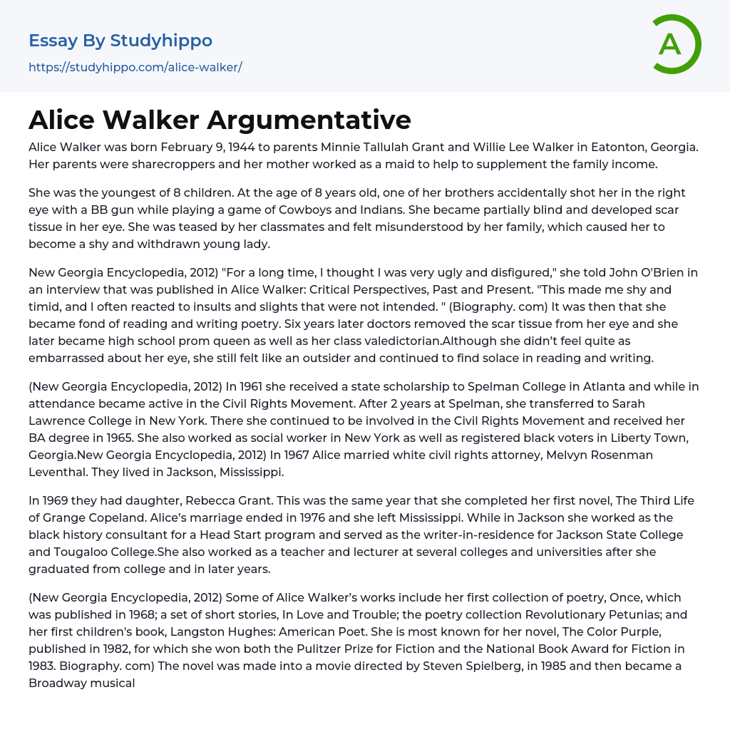 Alice Walker Argumentative Essay Example