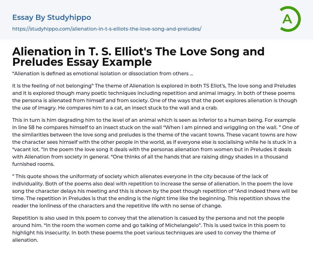 Alienation in T. S. Elliot’s The Love Song and Preludes Essay Example