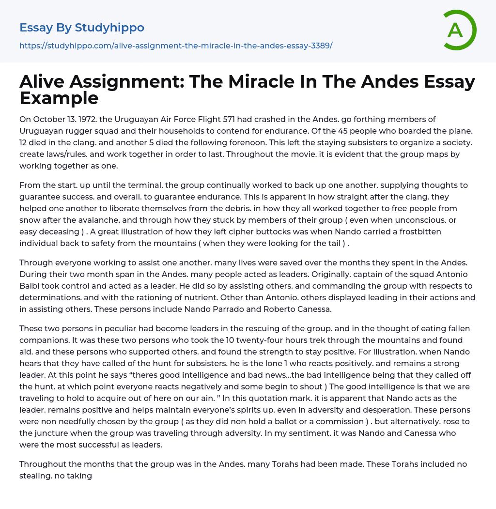 Alive Assignment: The Miracle In The Andes Essay Example