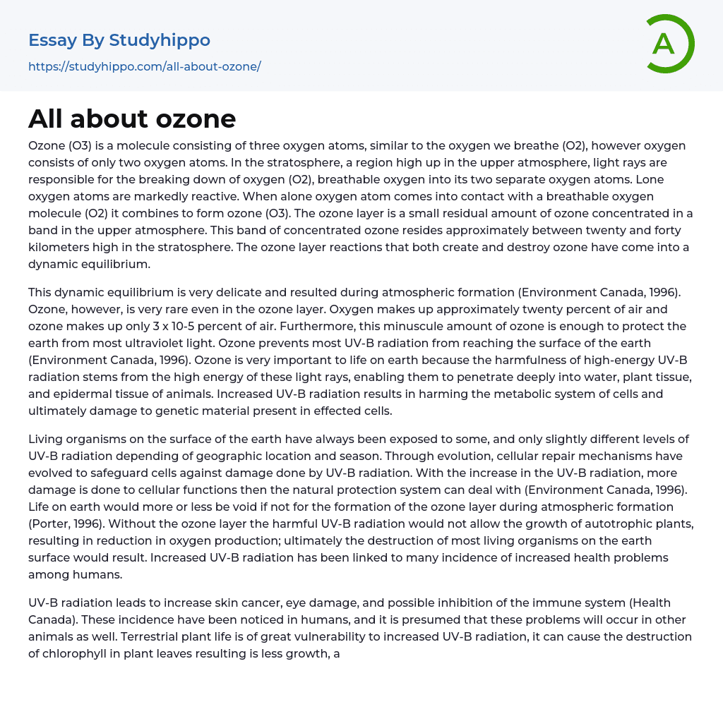 All about ozone Essay Example