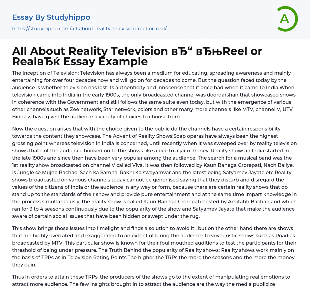 All About Reality Television “Reel or Real” Essay Example