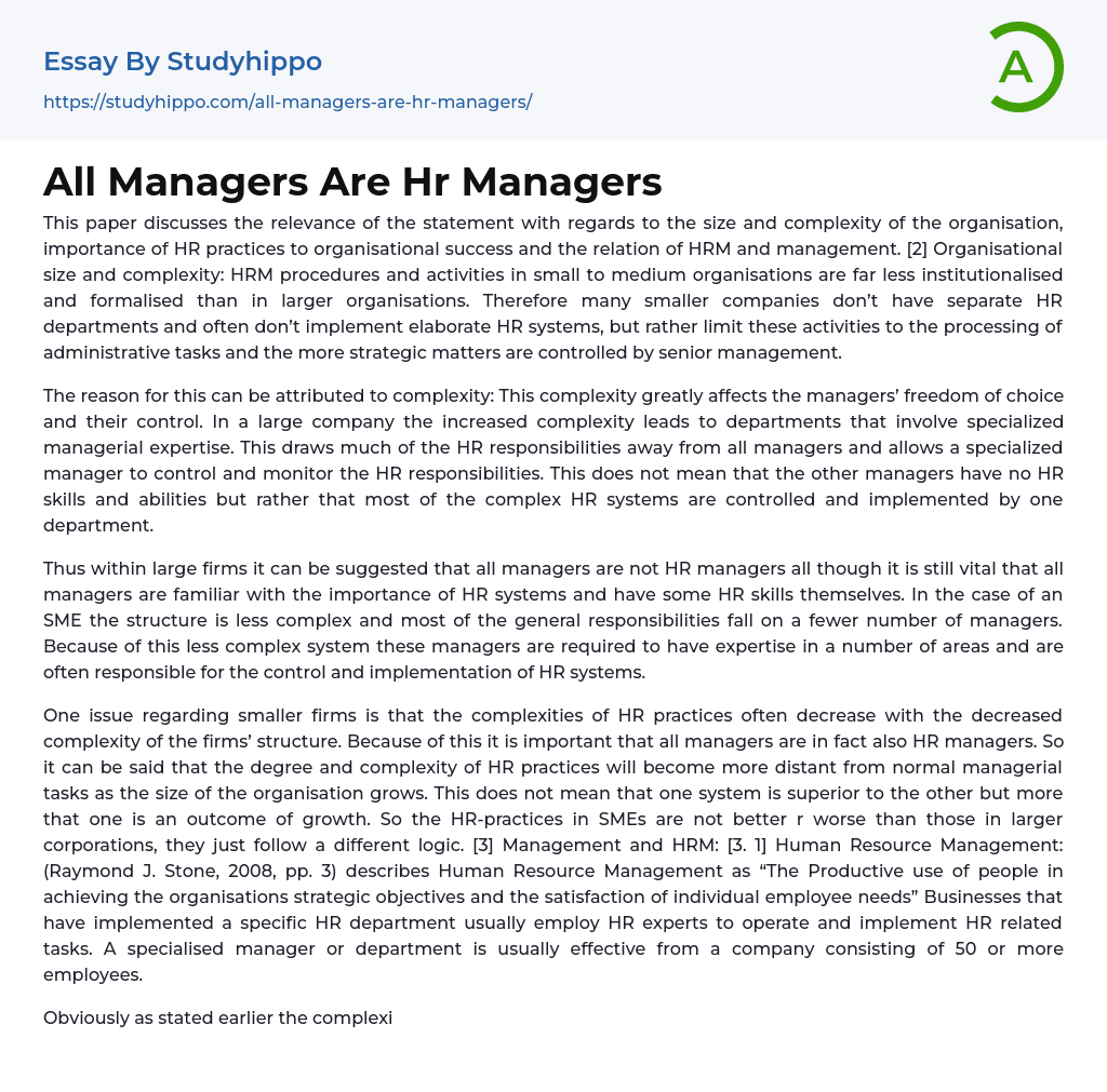 All Managers Are Hr Managers Essay Example
