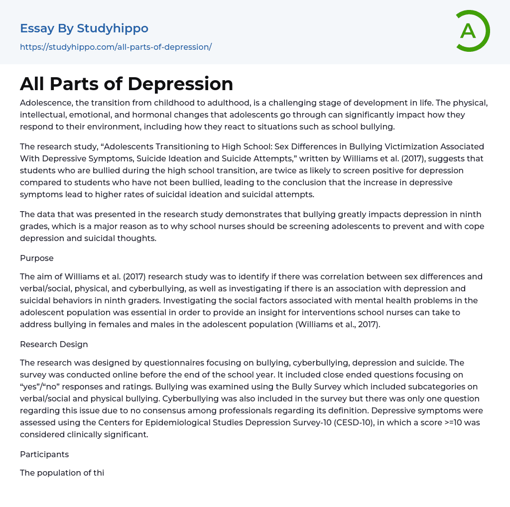 All Parts of Depression Essay Example