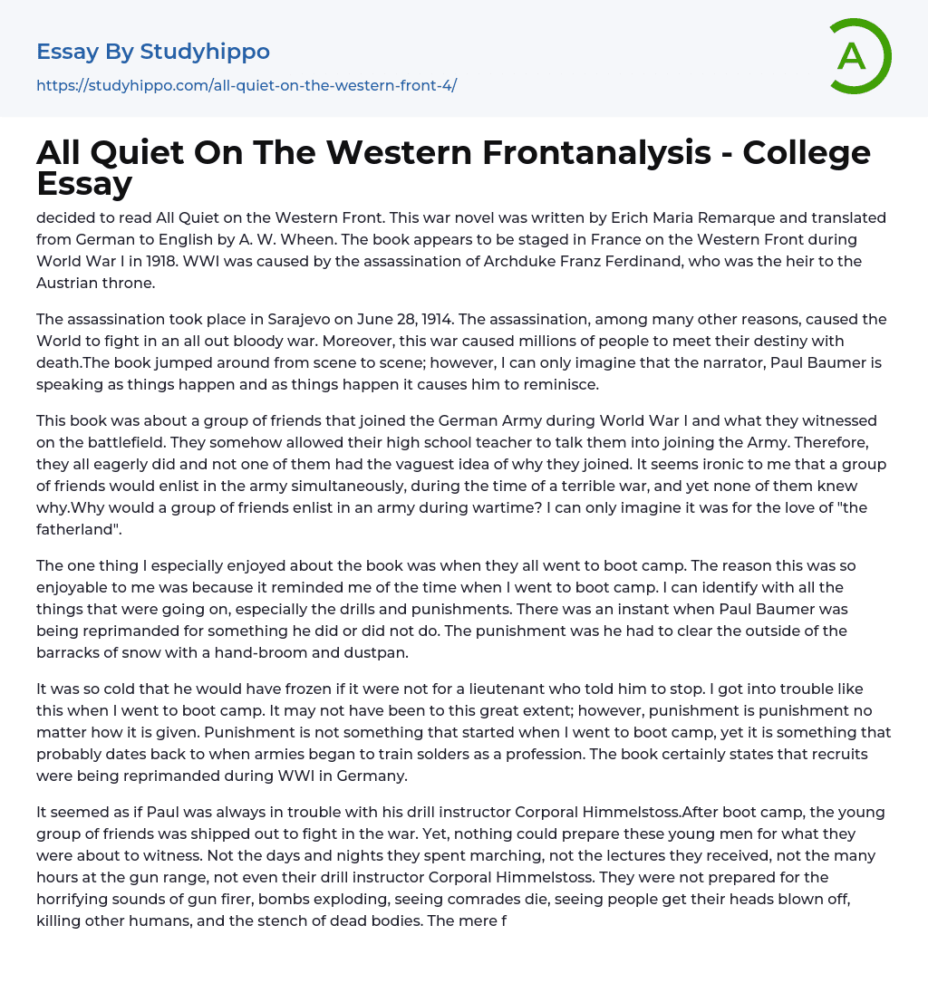 All Quiet On The Western Frontanalysis – College Essay