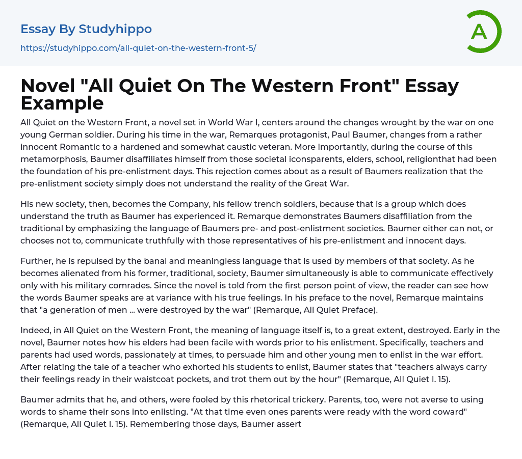 Novel “All Quiet On The Western Front” Essay Example