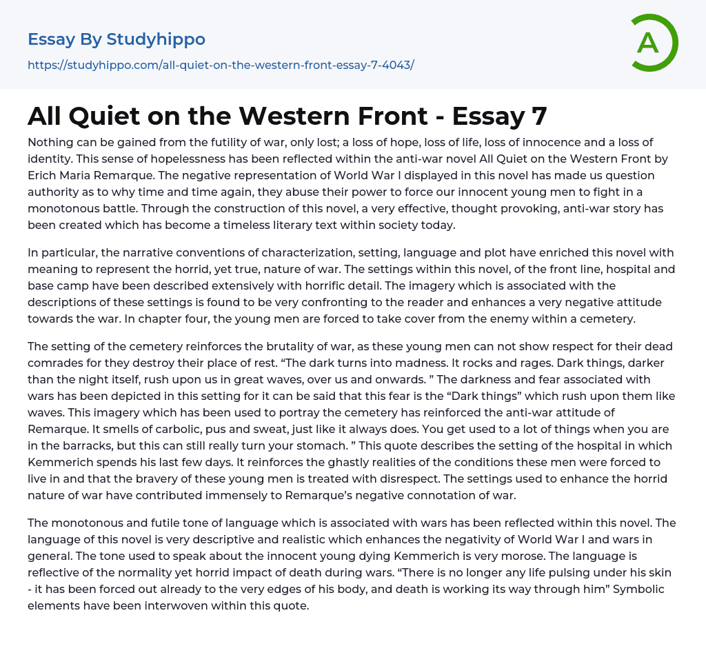 All Quiet on the Western Front – Essay 7