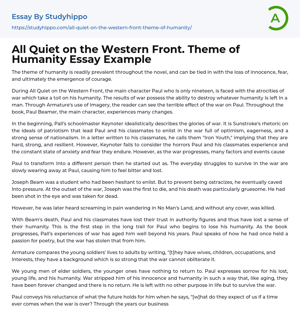 All Quiet on the Western Front. Theme of Humanity Essay Example