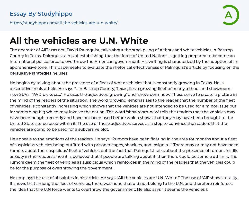 All the vehicles are U.N. White Essay Example