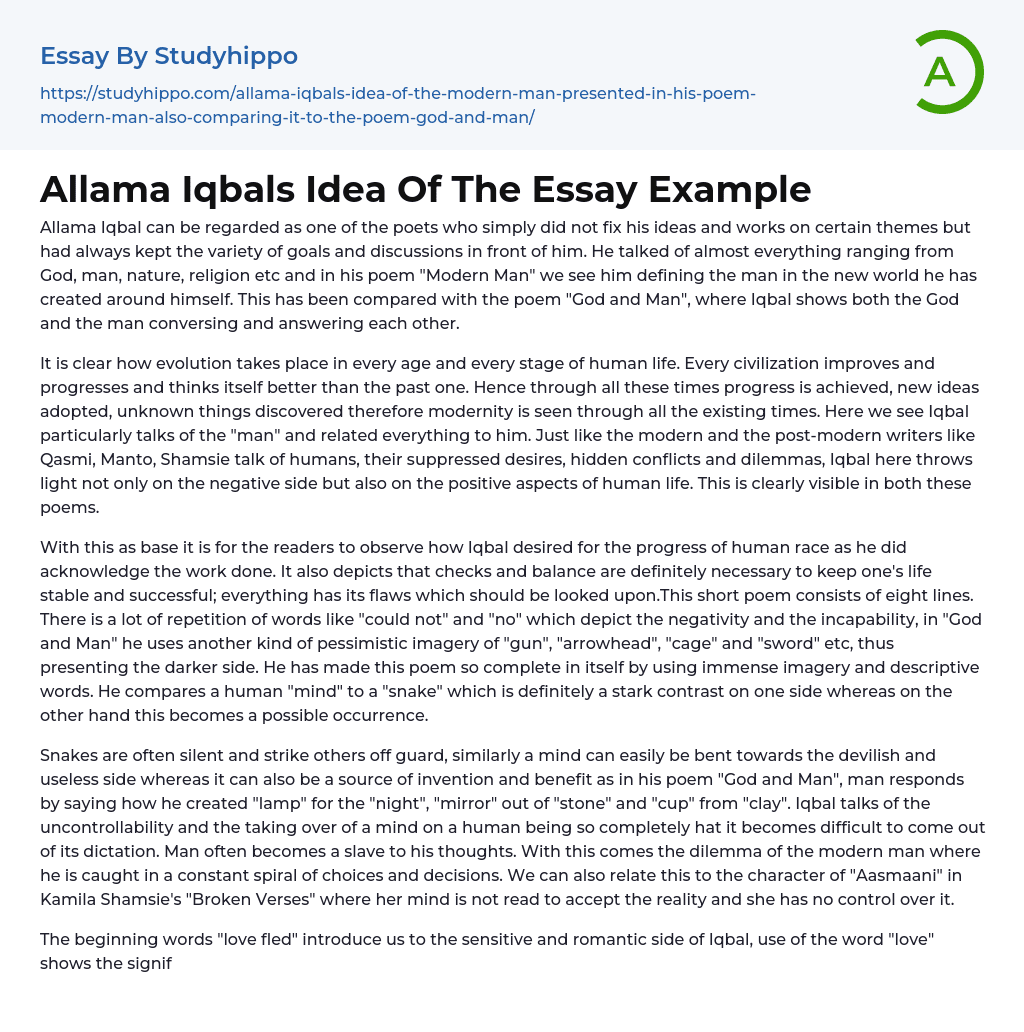 Allama Iqbals Idea Of The Essay Example