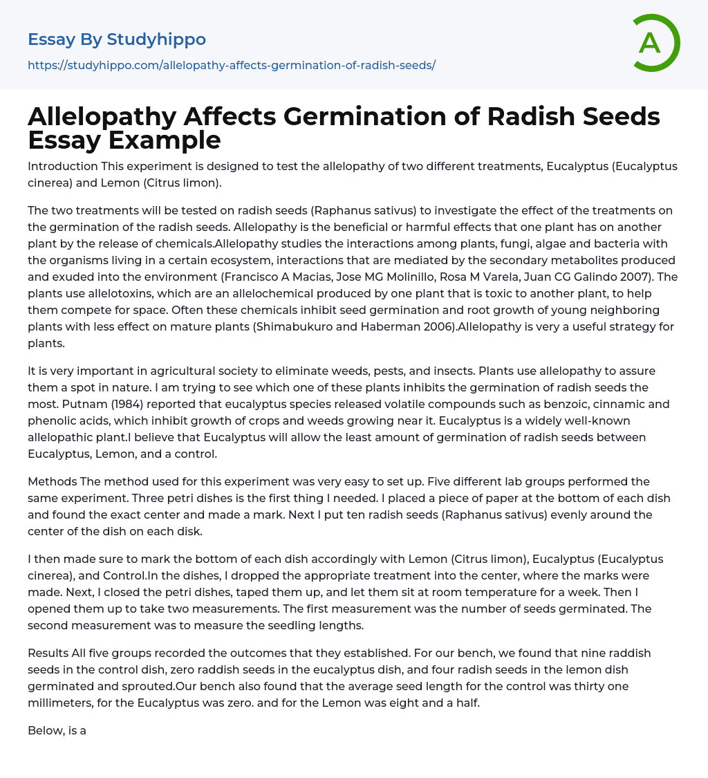 Allelopathy Affects Germination of Radish Seeds Essay Example