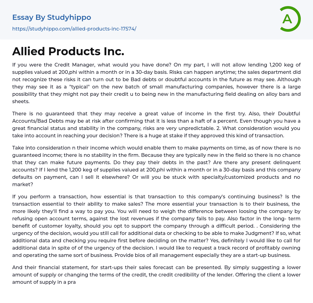 Allied Products Inc. Essay Example