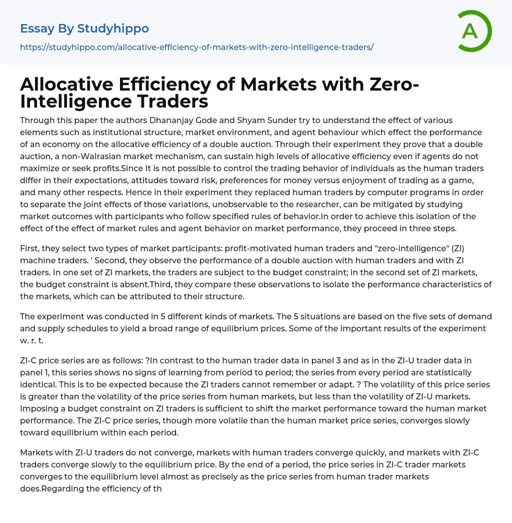 Allocative Efficiency of Markets with Zero-Intelligence Traders Essay Example