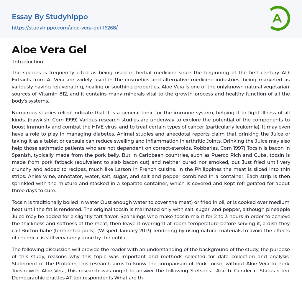Aloe Vera Gel Essay Example