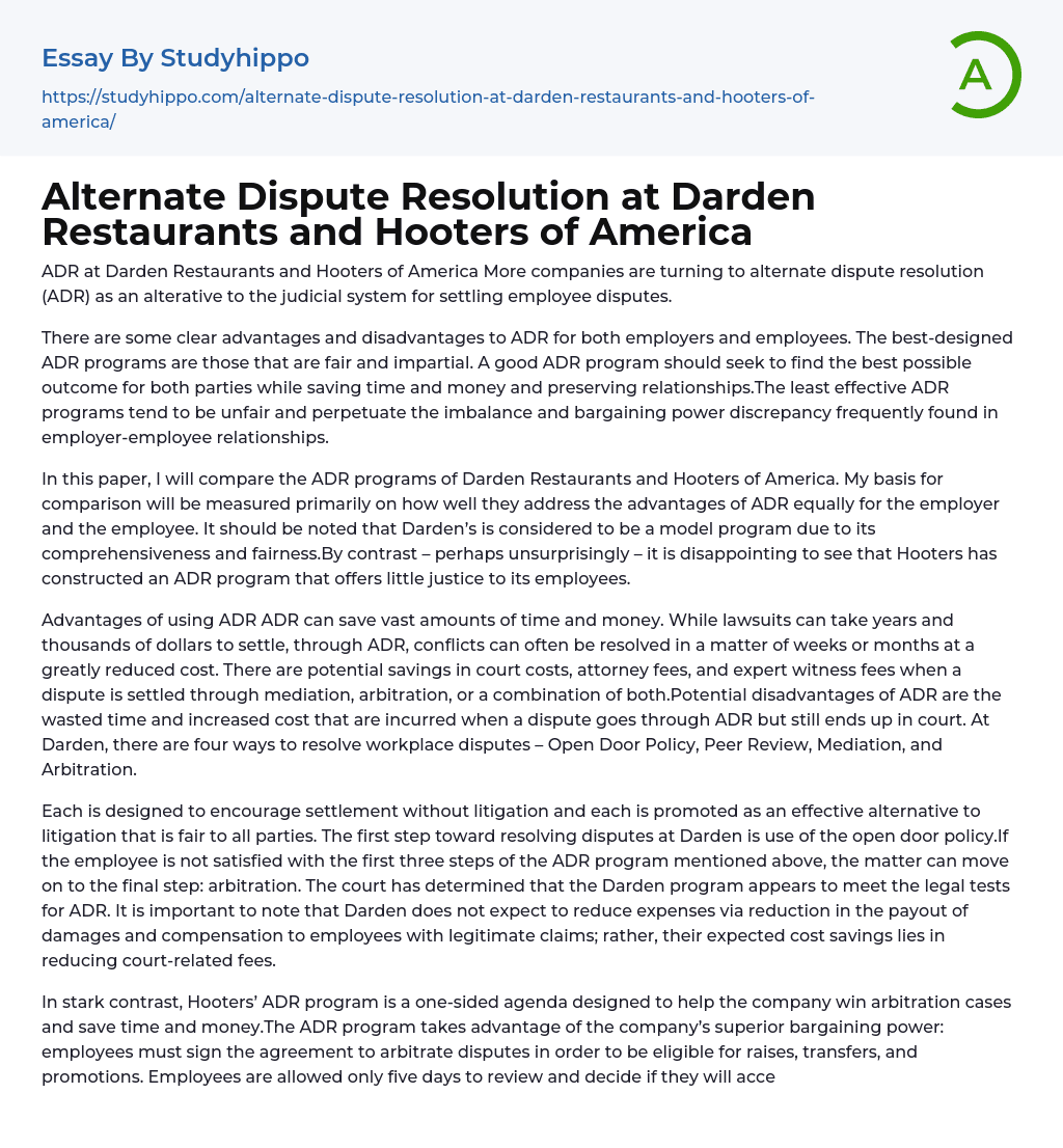 Alternate Dispute Resolution at Darden Restaurants and Hooters of America Essay Example