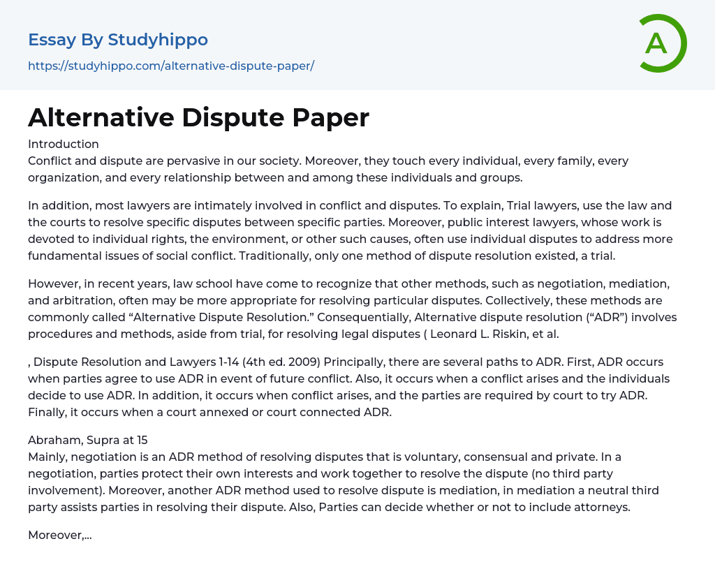 Alternative Dispute Paper Essay Example