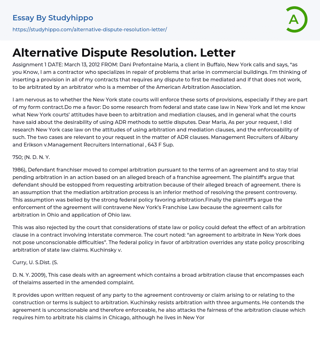 Alternative Dispute Resolution. Letter Essay Example