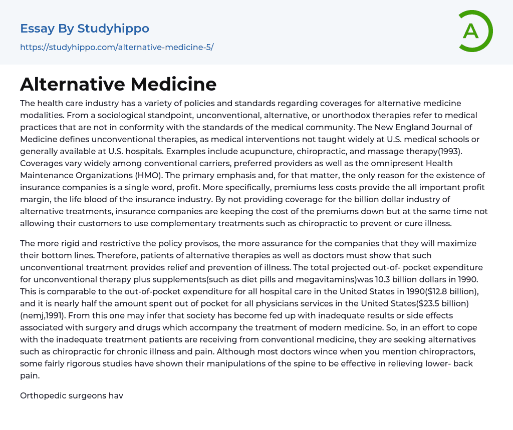 Alternative Medicine Essay Example