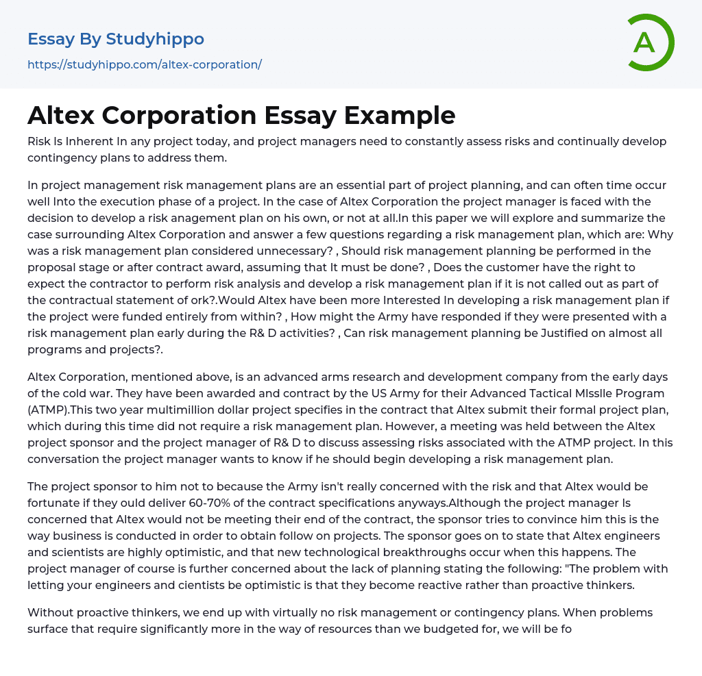 Altex Corporation Essay Example