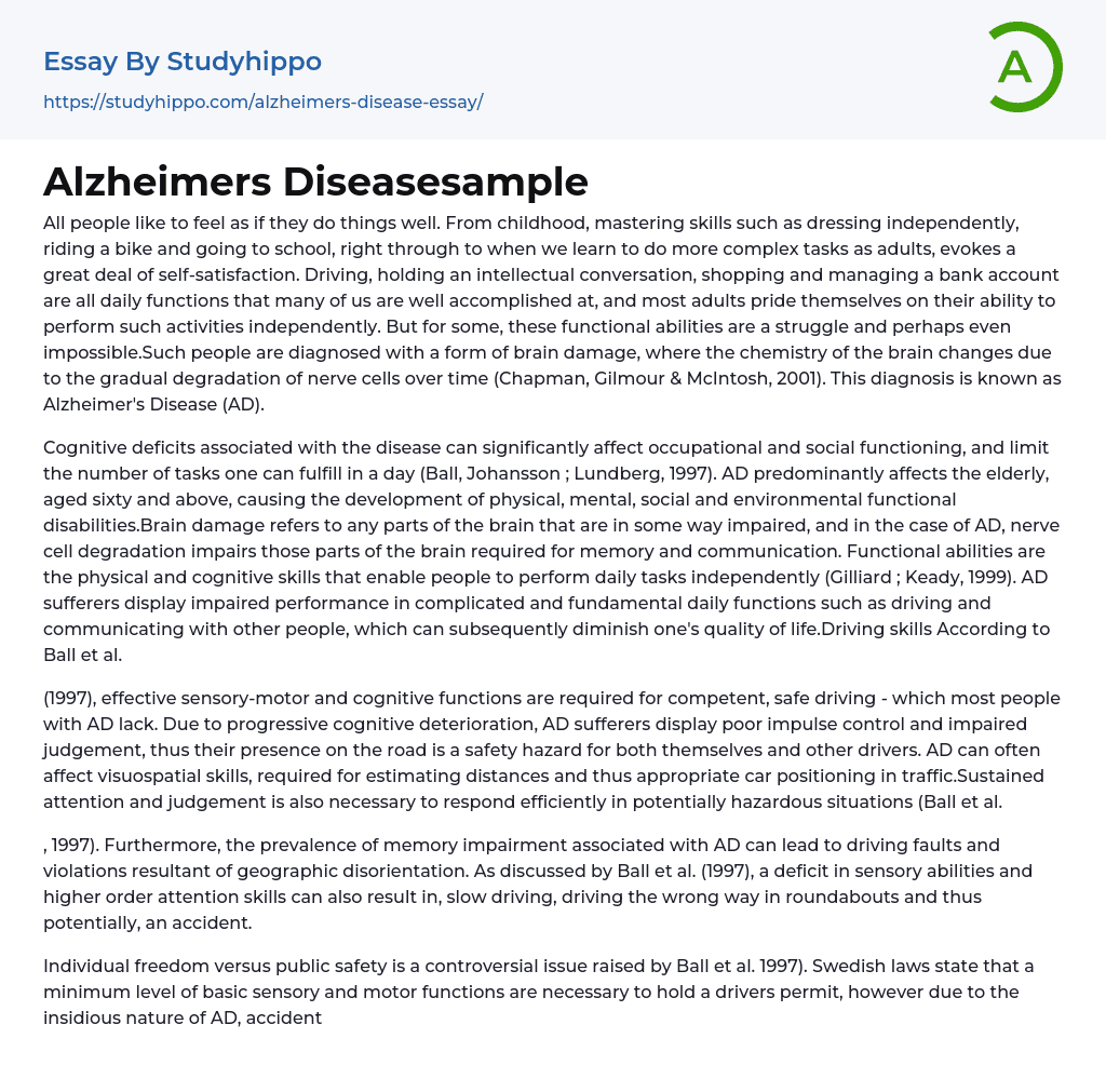 Alzheimers Diseasesample Essay Example