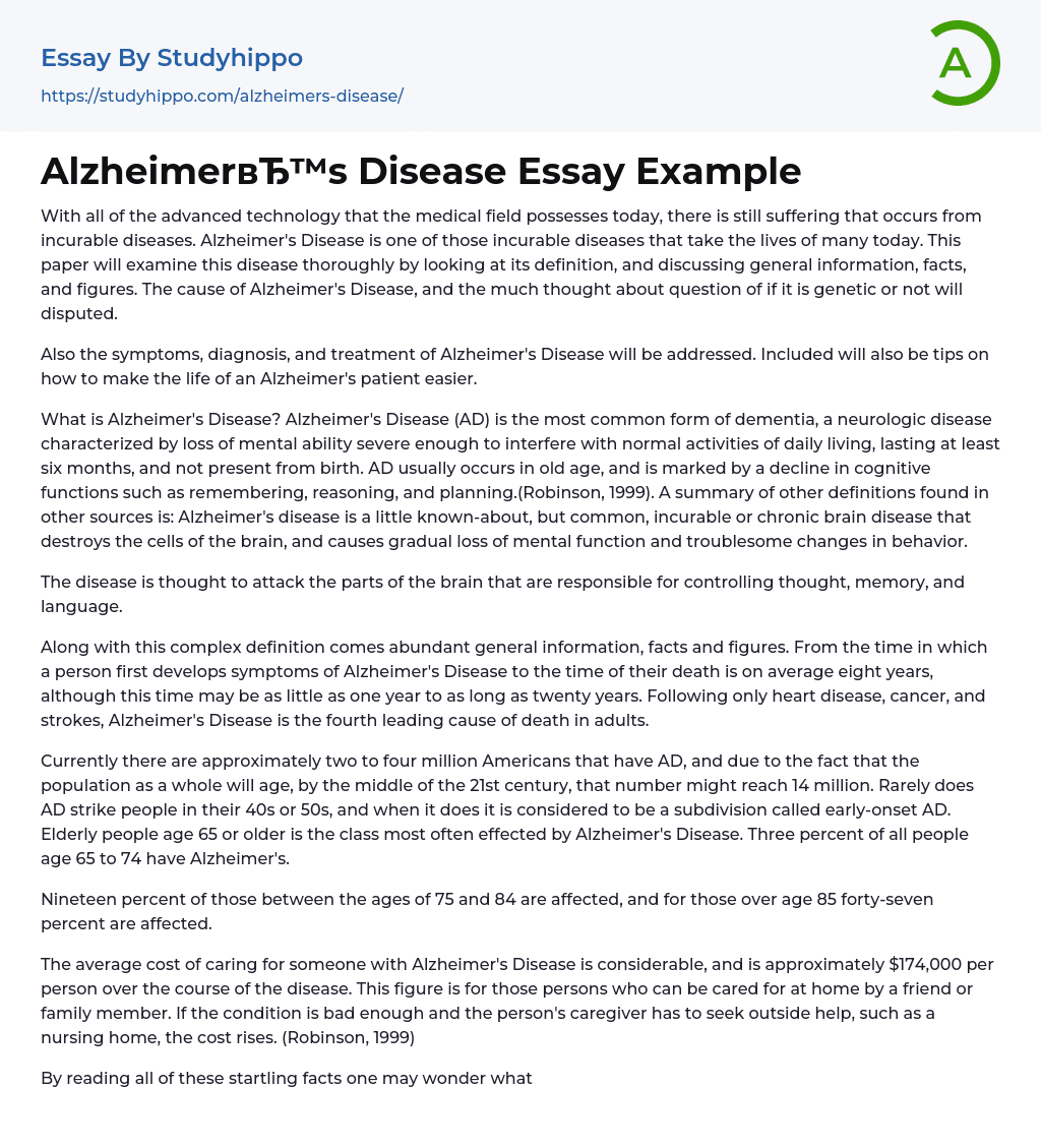 Alzheimer’s Disease Essay Example