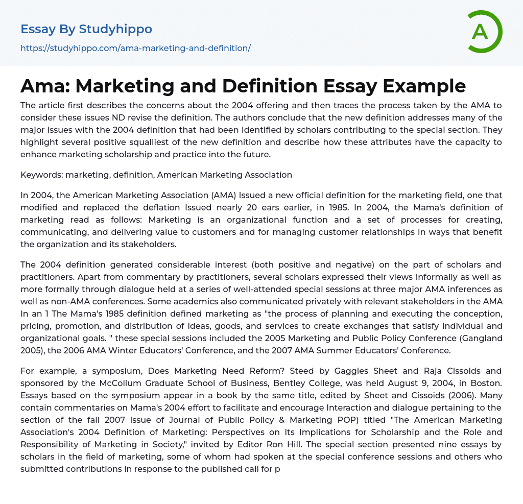 Ama: Marketing and Definition Essay Example