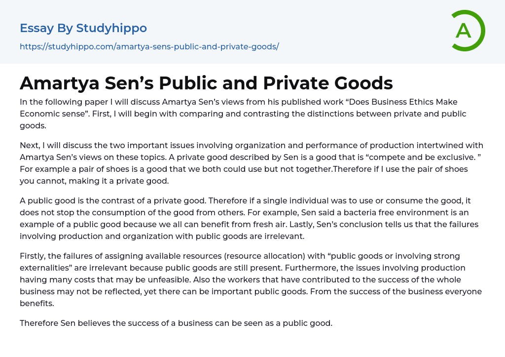 Amartya Sen’s Public and Private Goods Essay Example