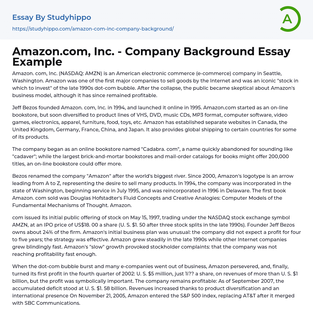 Amazon.com, Inc. – Company Background Essay Example