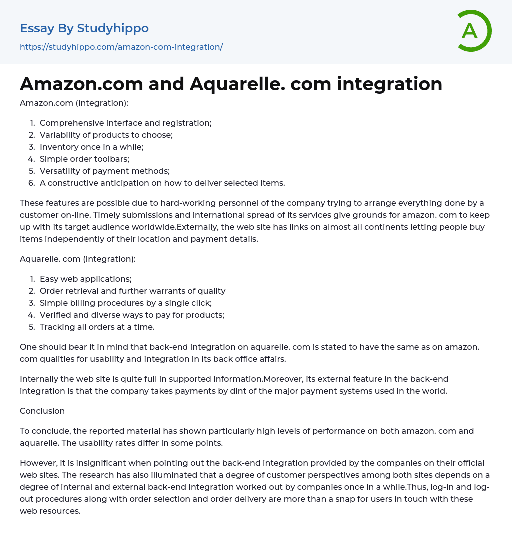 Amazon.com and Aquarelle. com integration Essay Example