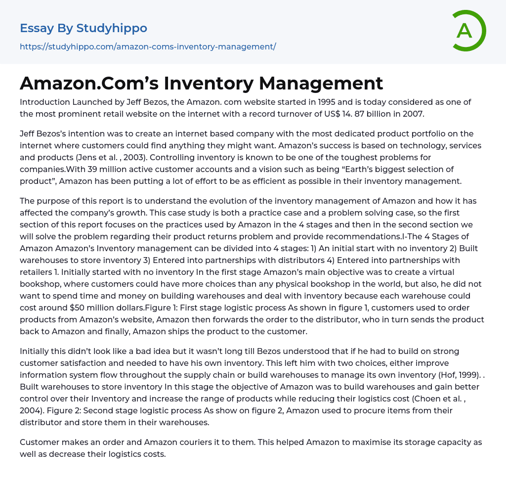 Amazon.Com’s Inventory Management Essay Example