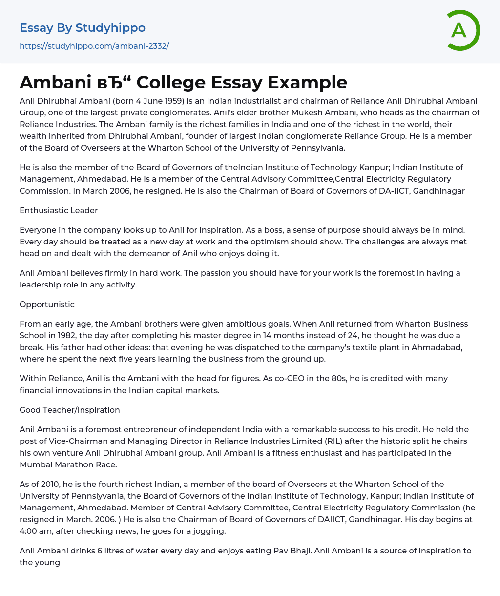 Ambani College Essay Example