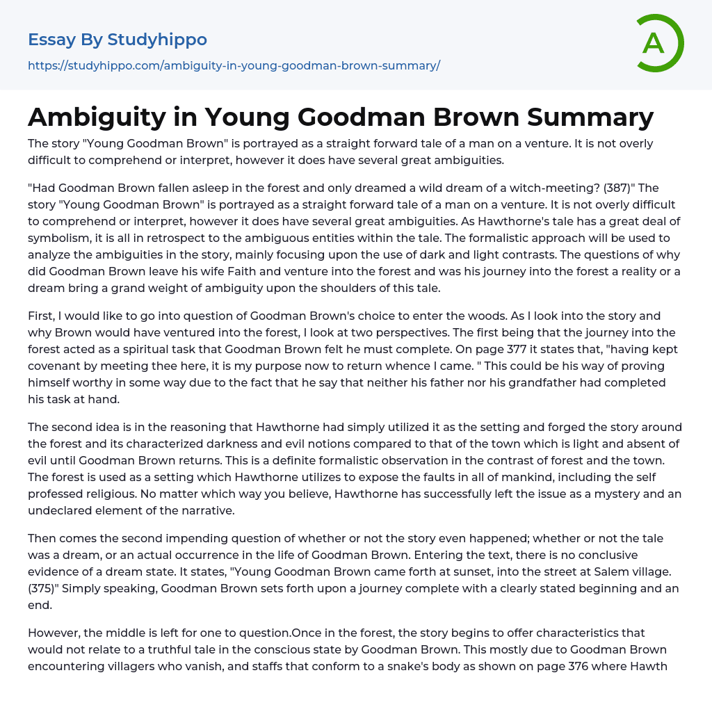Ambiguity in Young Goodman Brown Summary Essay Example