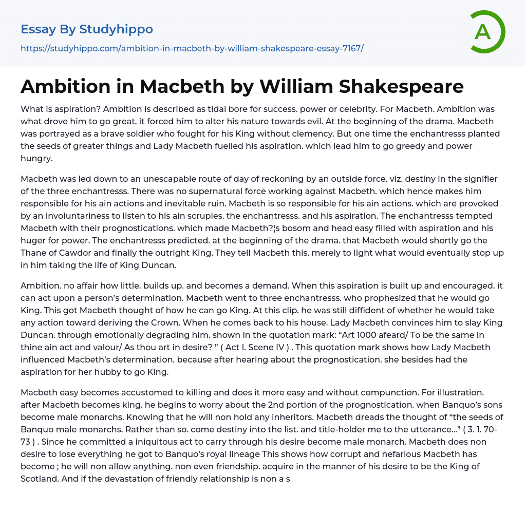 Ambition in Macbeth by William Shakespeare Essay Example