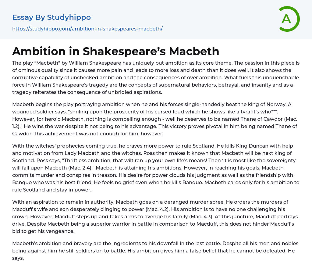 Ambition in Shakespeare’s Macbeth Essay Example