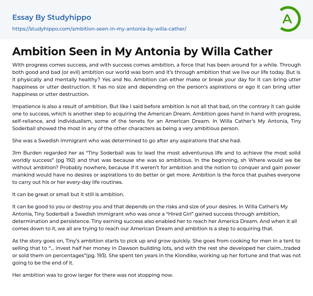 Ambition Seen in My Antonia by Willa Cather Essay Example