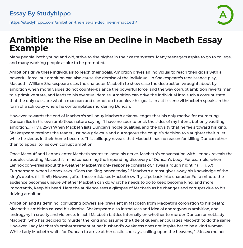 Ambition: the Rise an Decline in Macbeth Essay Example