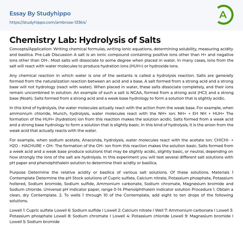 Chemistry Lab: Hydrolysis of Salts Essay Example