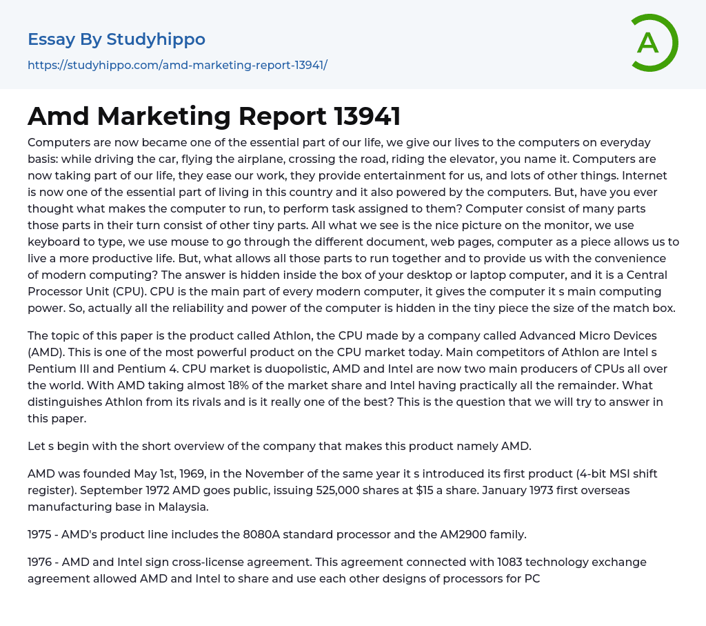 Amd Marketing Report 13941 Essay Example