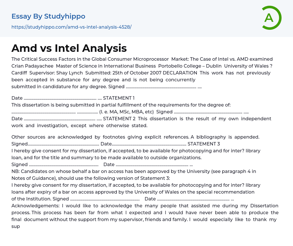 Amd vs Intel Analysis Essay Example