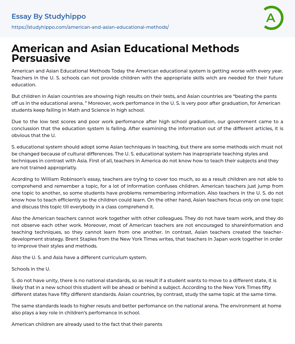 American and Asian Educational Methods Persuasive Essay Example