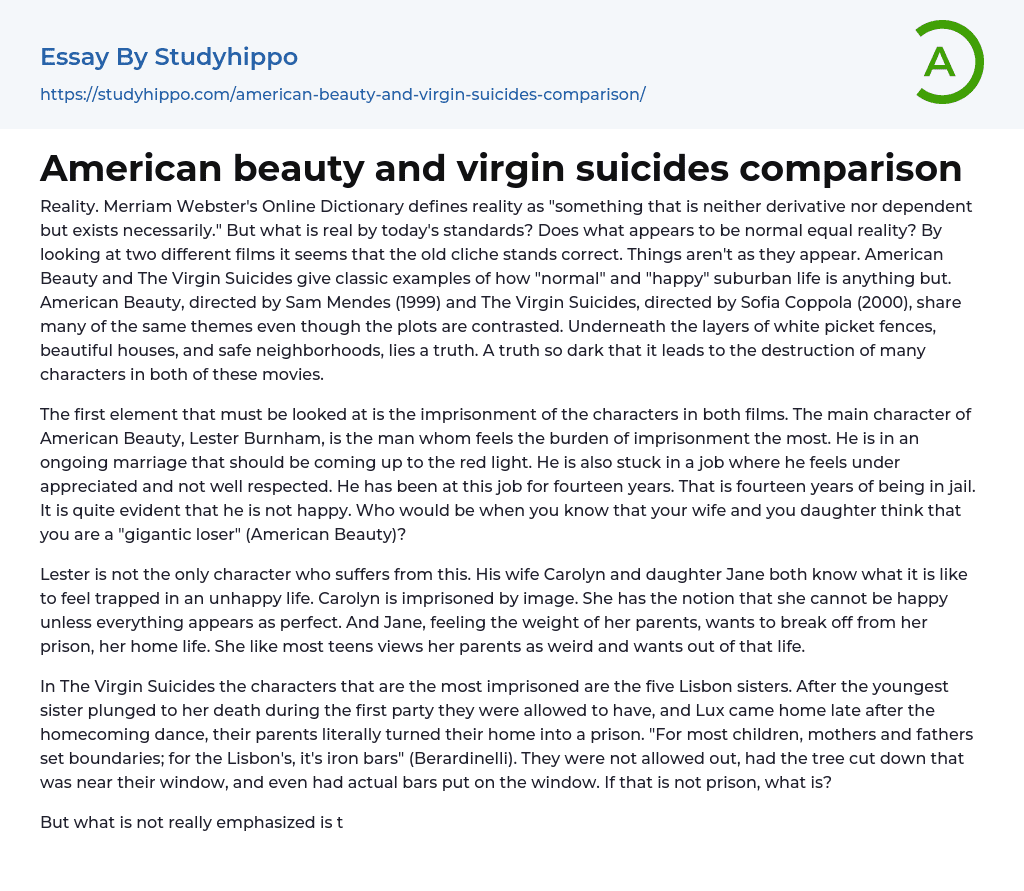 American beauty and virgin suicides comparison Essay Example
