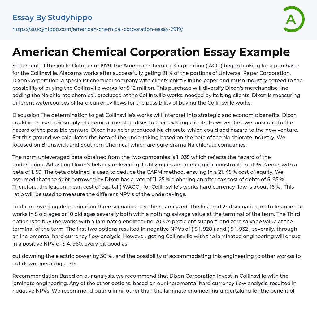 American Chemical Corporation Essay Example