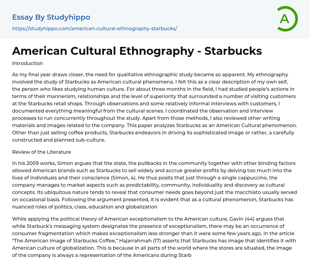 American Cultural Ethnography – Starbucks Essay Example