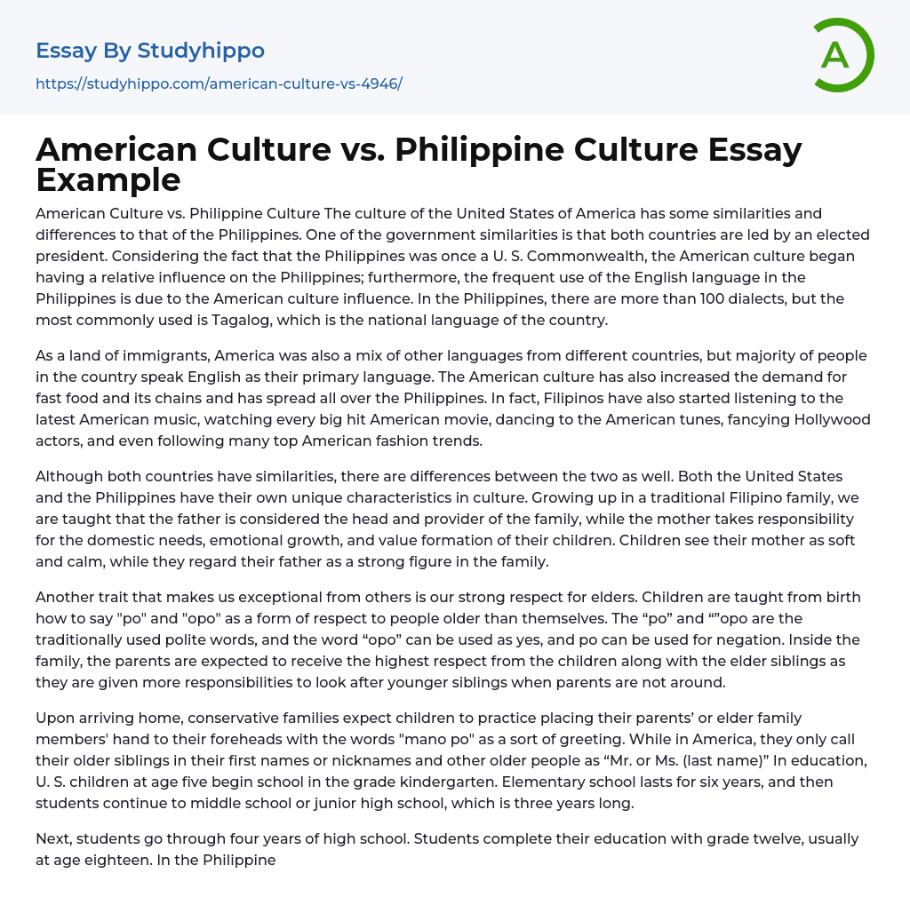 American Culture vs. Philippine Culture Essay Example