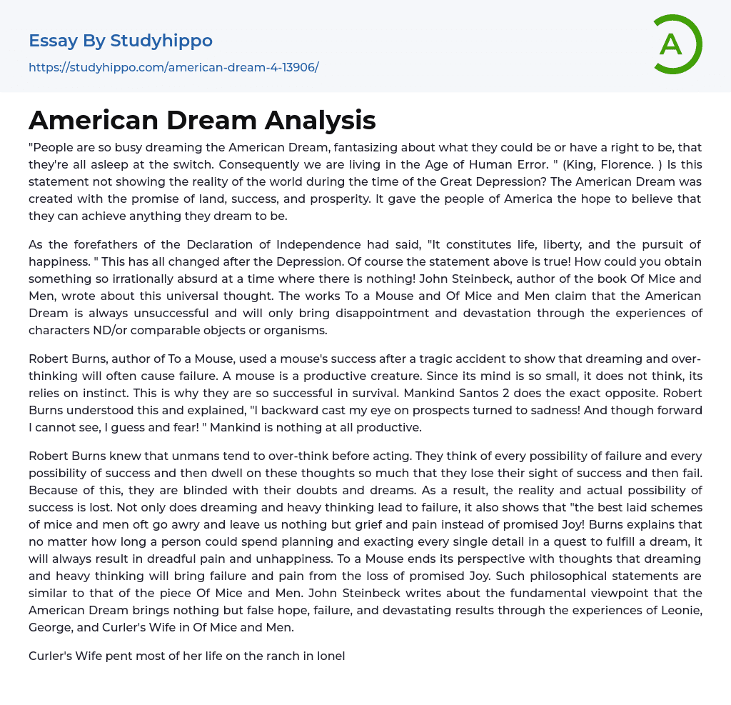 American Dream Analysis Essay Example