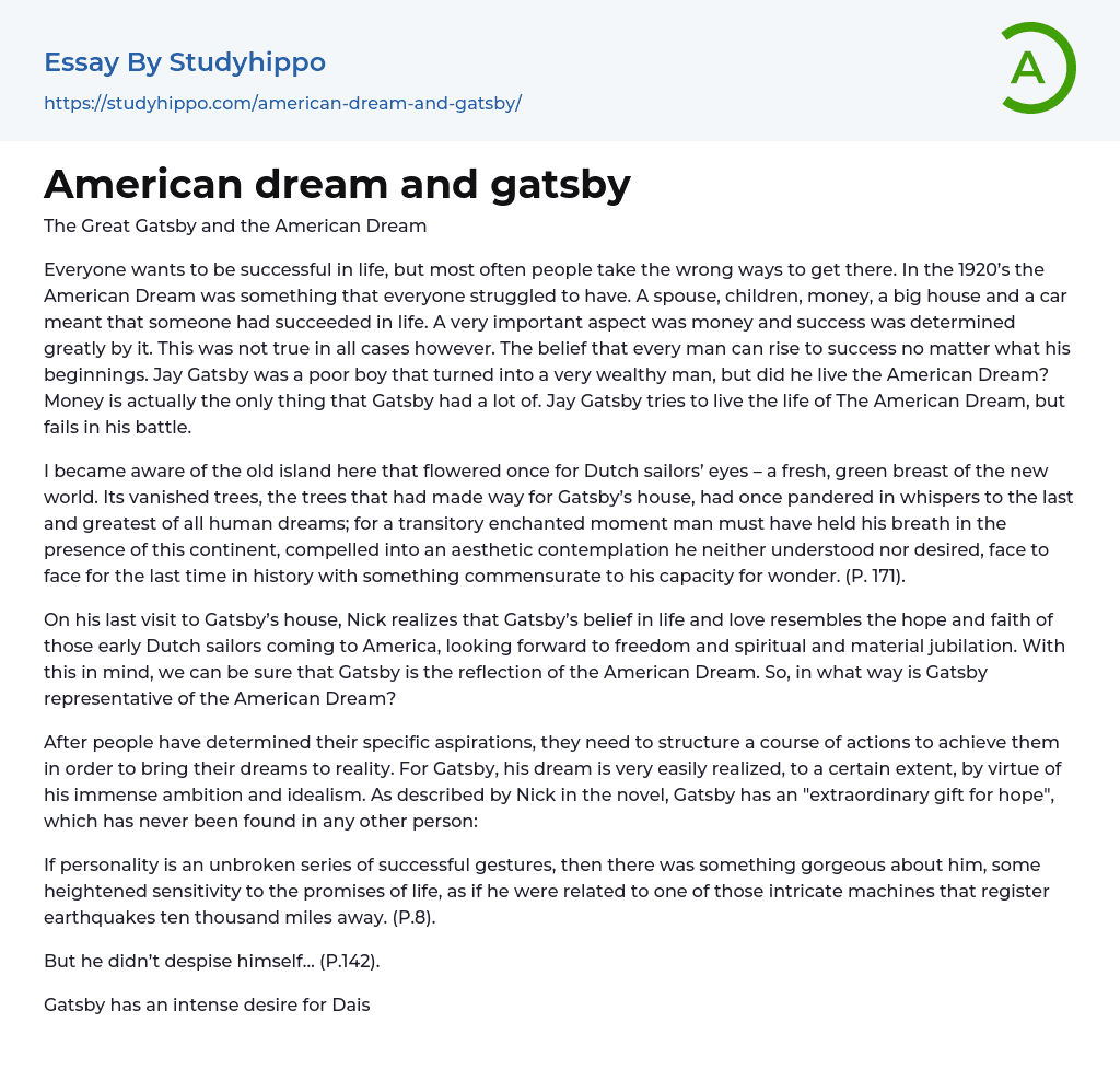 essay about great gatsby and american dream